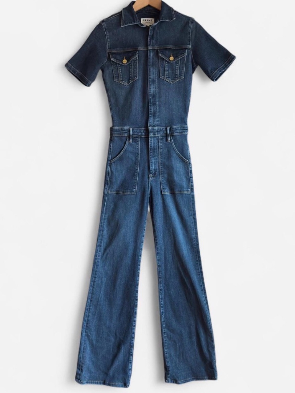 FRAME Denim Jumpsuit XS Short Sleeve Flare Leg Blue Indigo